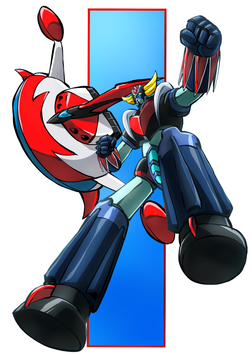 grendizer, highres, horns, looking_at_viewer, mazinger_(series), mecha, mecha_focus, military, military_vehicle, no_humans, retro_artstyle, robot, science_fiction, ship, spazer, super_robot, taiga_hiroyuki, ufo_robo_grendizer, warship, watercraft, yellow_eyes