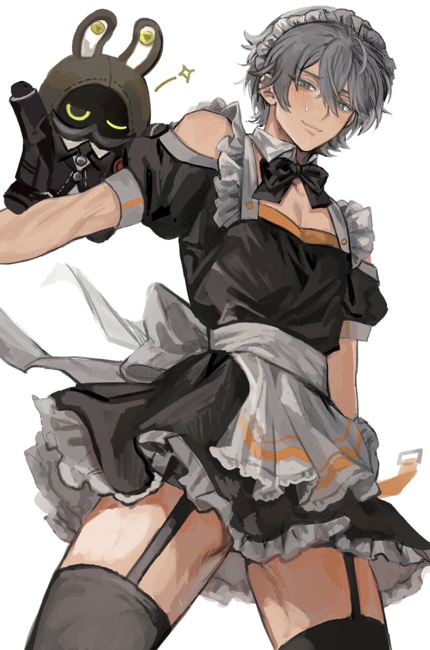 1boy, absurdres, alternate_costume, apron, bangboo_(zenless_zone_zero), black_bow, black_bowtie, black_dress, black_thighhighs, blue_eyes, blush, bow, bowtie, butler_(zenless_zone_zero), closed_mouth, clothing_cutout, commentary, crossdressing, crossdressing_(mtf), dress, english_commentary, enmaided, frilled_dress, frills, garter_straps, grey_hair, highres, looking_at_viewer, maid, maid_headdress, male_focus, male_maid, mkz427, one_eye_closed, short_sleeves, shoulder_cutout, simple_background, star_(symbol), sweat, thighhighs, waist_apron, white_background, wise_(zenless_zone_zero), zenless_zone_zero