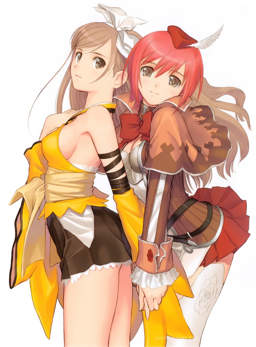 2girls, absurdres, blush, breasts, brown_eyes, brown_hair, cleavage, detached_sleeves