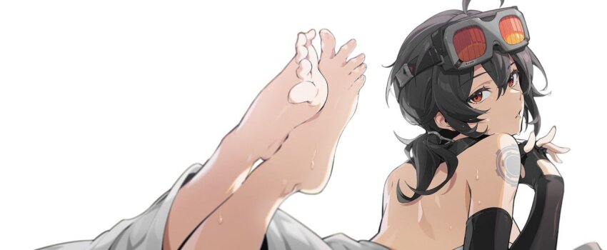 1girl, artist_request, bad_link, bad_twitter_link, barefoot, black_gloves, black_hair, elbow_gloves, feet, foot_focus, gloves, goggles, goggles_on_head, grace_howard, looking_at_viewer, looking_back, lying, mindscape_cinema_(zenless_zone_zero), official_art, on_stomach, orange-tinted_eyewear, orange_eyes, out_of_frame, parted_lips, seductive_gaze, simple_background, solo, source_request, sweat, tattoo, the_pose, tinted_eyewear, toes, white_background, zenless_zone_zero