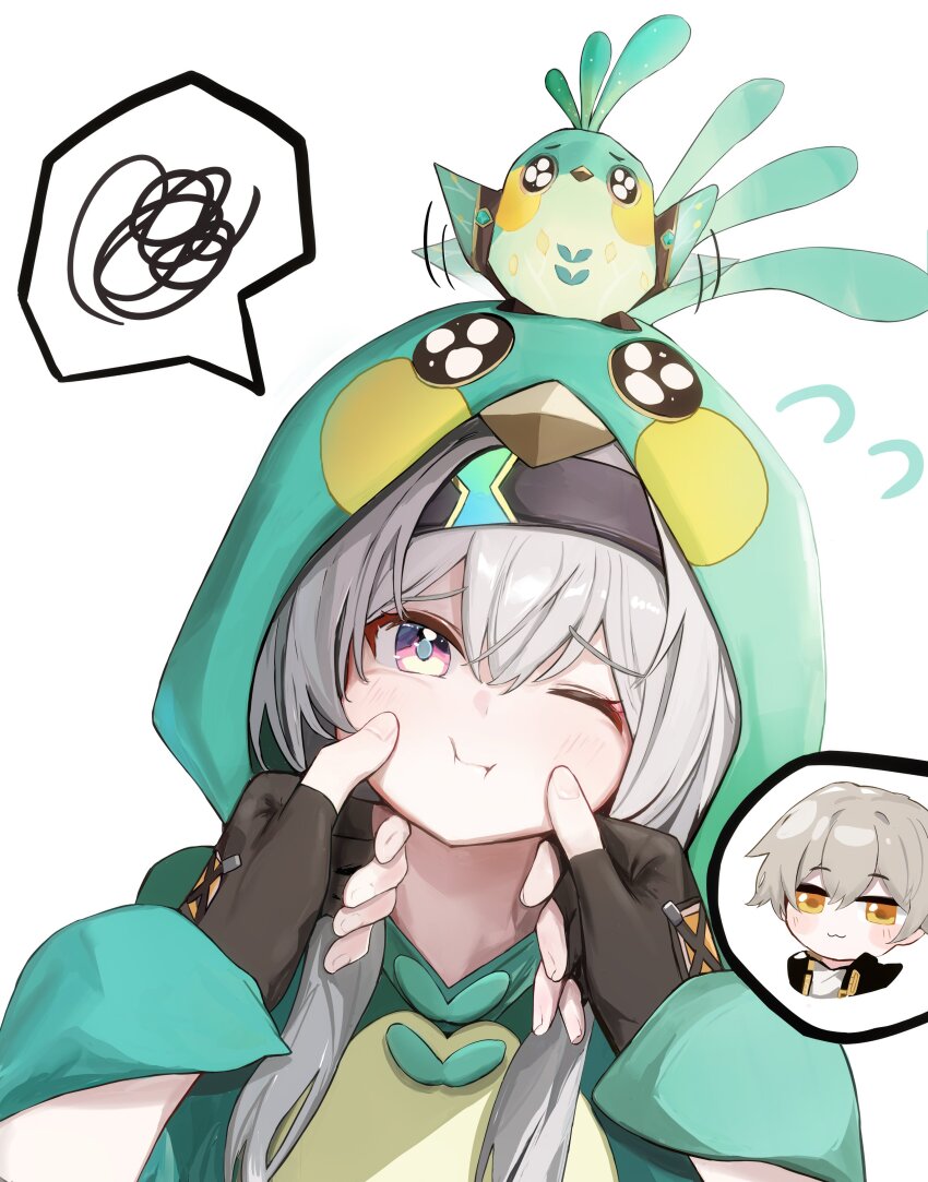 1boy, 1girl, :3, absurdres, animalization, bird, bird_costume, caelus_(honkai:_star_rail)