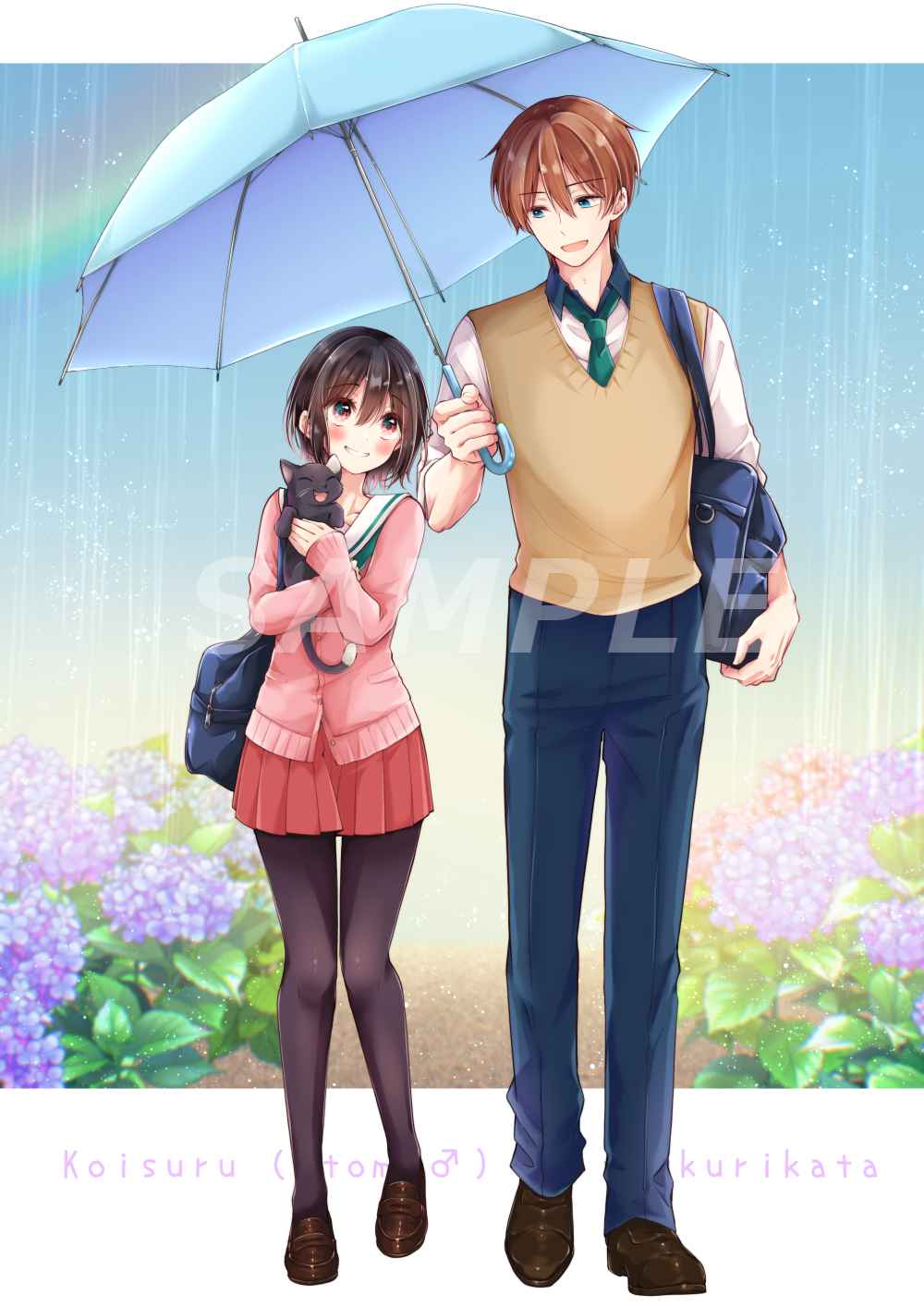 2boys, animal, bag, banjou_azusa, black_cat, black_hair, black_pantyhose, blue_bag