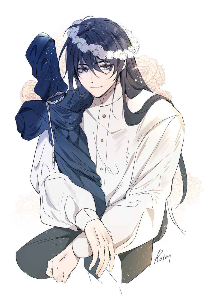 1boy, artist_name, black_pants, blue_hair, boris_jinneman, children_of_the_rune, closed_mouth, crossed_arms