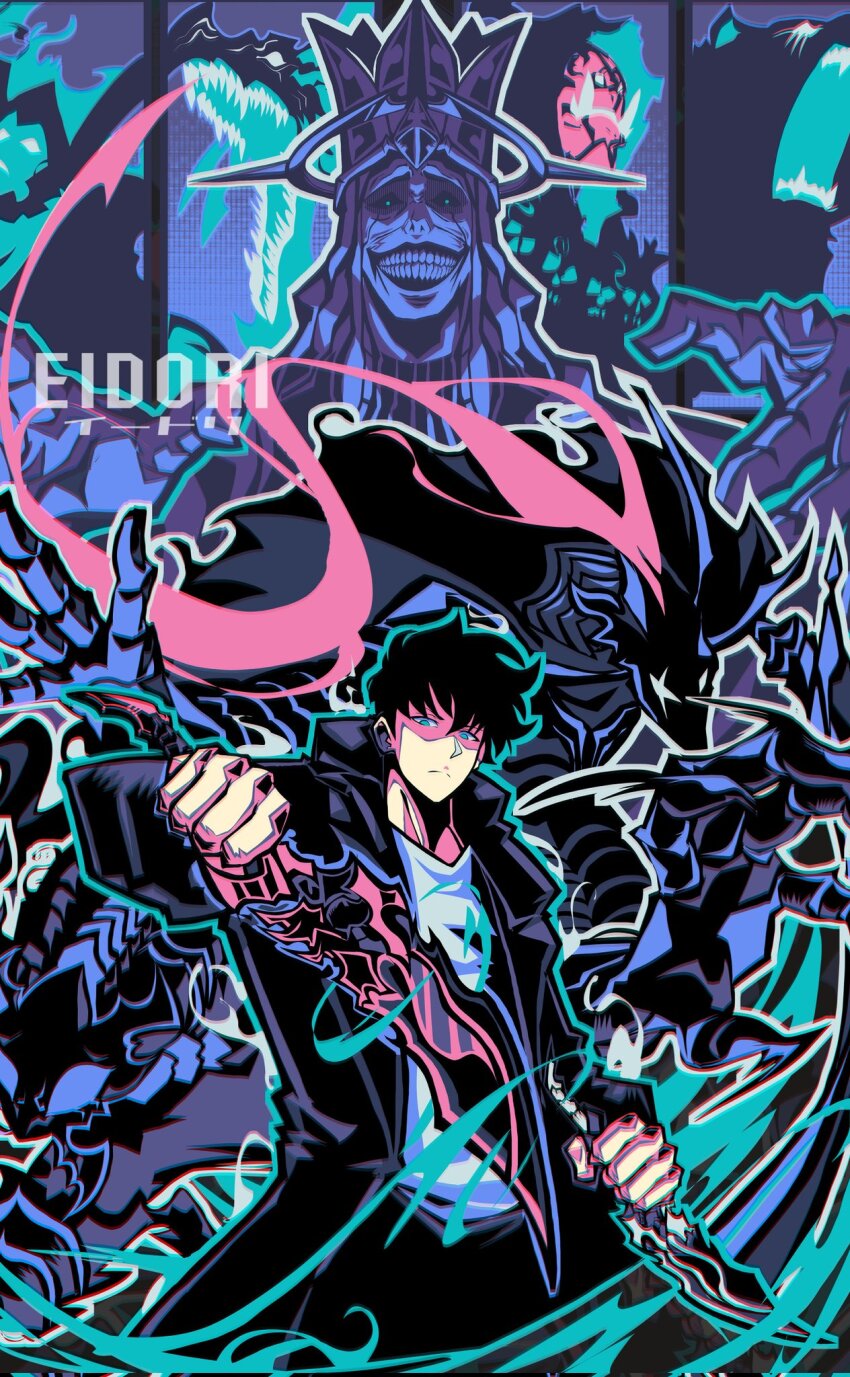 1boy, artist_name, beru_(solo_leveling), black_hair, black_hoodie, blue_eyes, closed_mouth, dagger