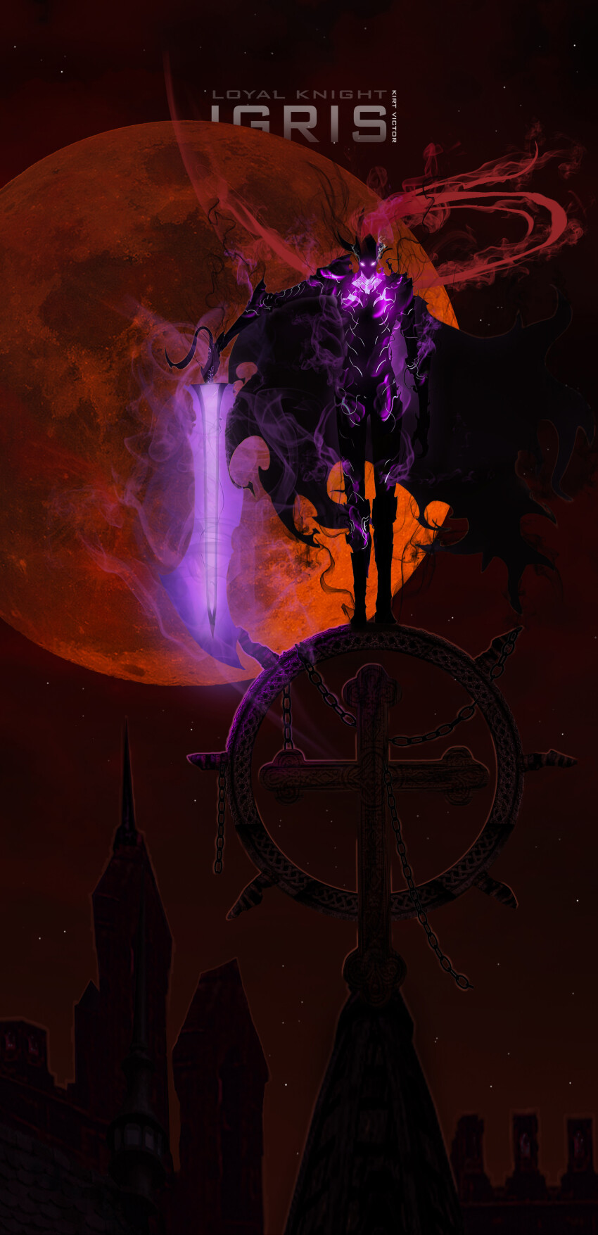 absurdres, armor, aura, black_cape, building, cape, dark_aura, full_armor