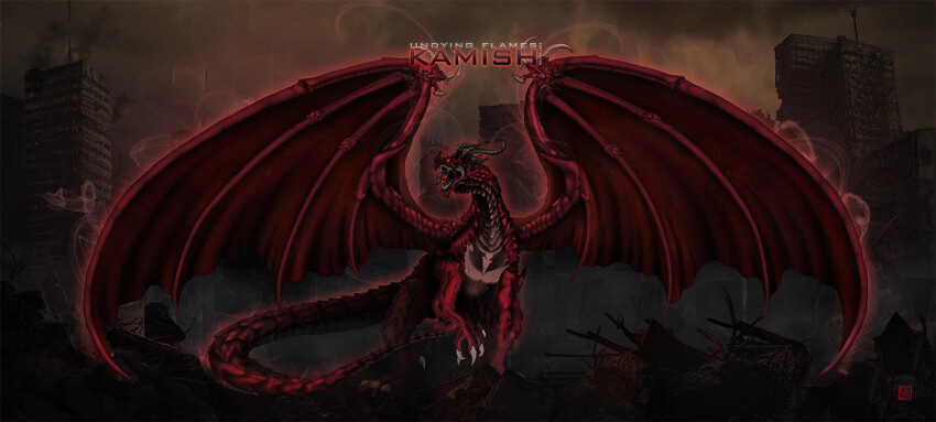 antlers, aura, building, claws, dark_aura, dragon, dragon_tail, dragon_wings