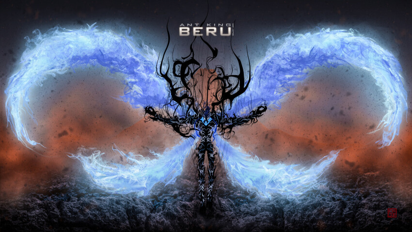 asymmetrical_wings, aura, beru_(solo_leveling), dark_aura, full_body, glowing, highres, kirt_victor, no_humans, outstretched_arms, shadow, solo, solo_leveling, spread_arms, standing, wings