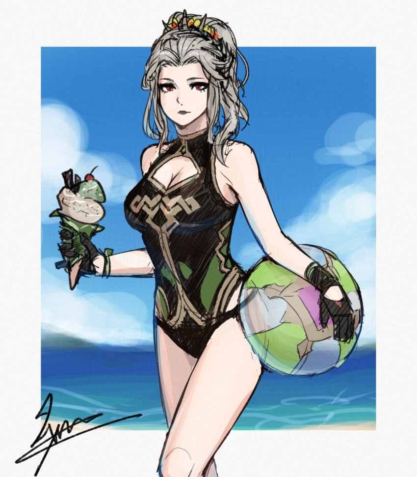 1girl, alternate_costume, alternate_hairstyle, ball, bare_shoulders, beachball, black_gloves, black_one-piece_swimsuit