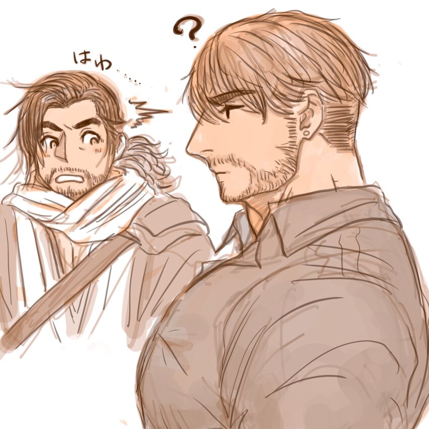 2boys, 392mondo, ?, bara, beard_stubble, blush, brown_theme, collared_shirt