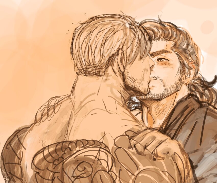 2boys, 392mondo, bara, beard_stubble, blush, brown_theme, couple, facial_hair