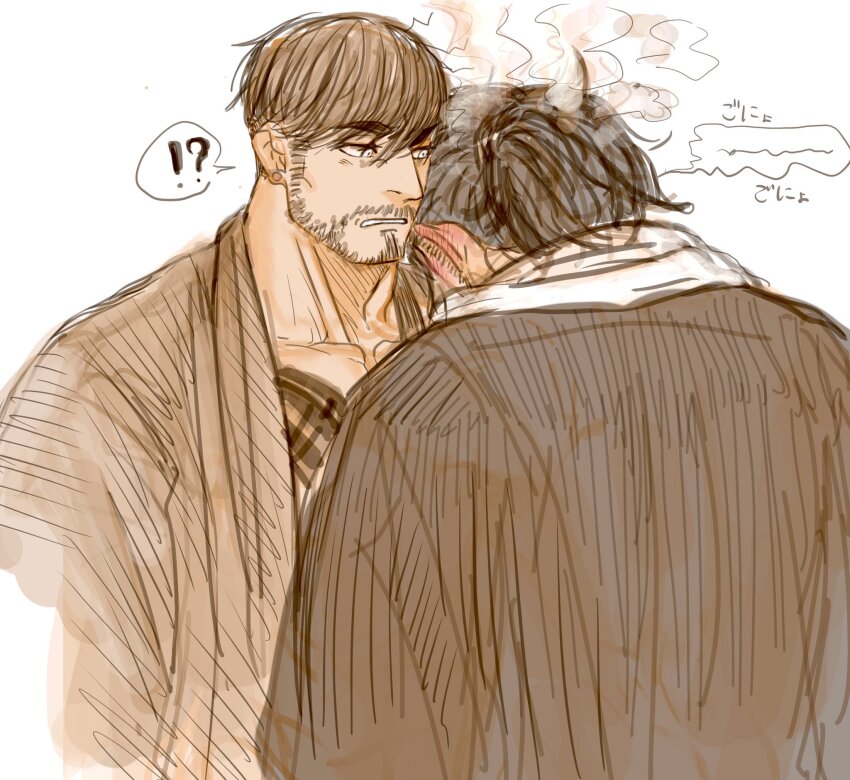 2boys, 392mondo, bara, beard_stubble, blush, brown_theme, comforting, couple
