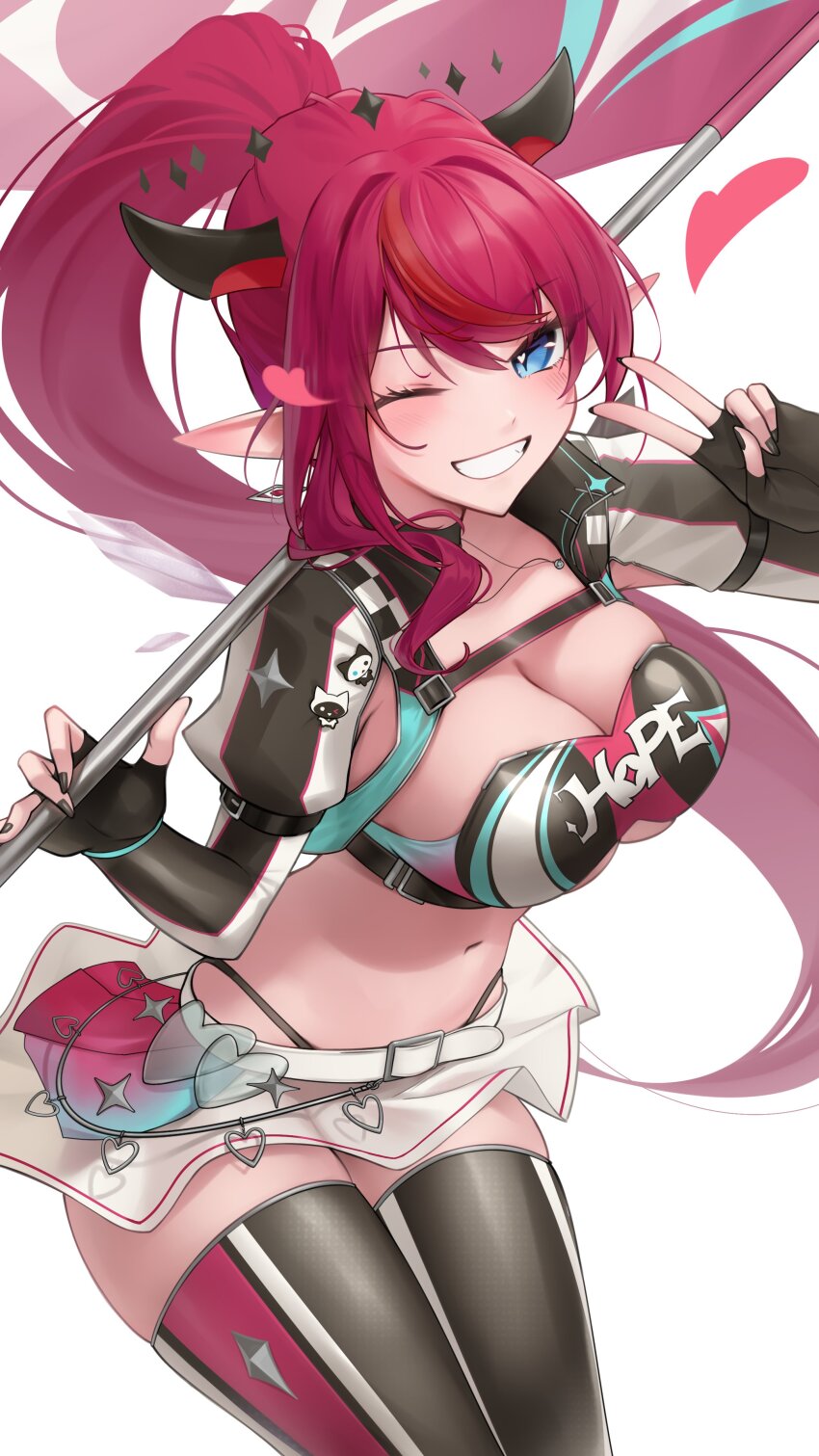 1girl, absurdres, blue_eyes, breasts, chest_harness, cleavage, double_halo, fingerless_gloves