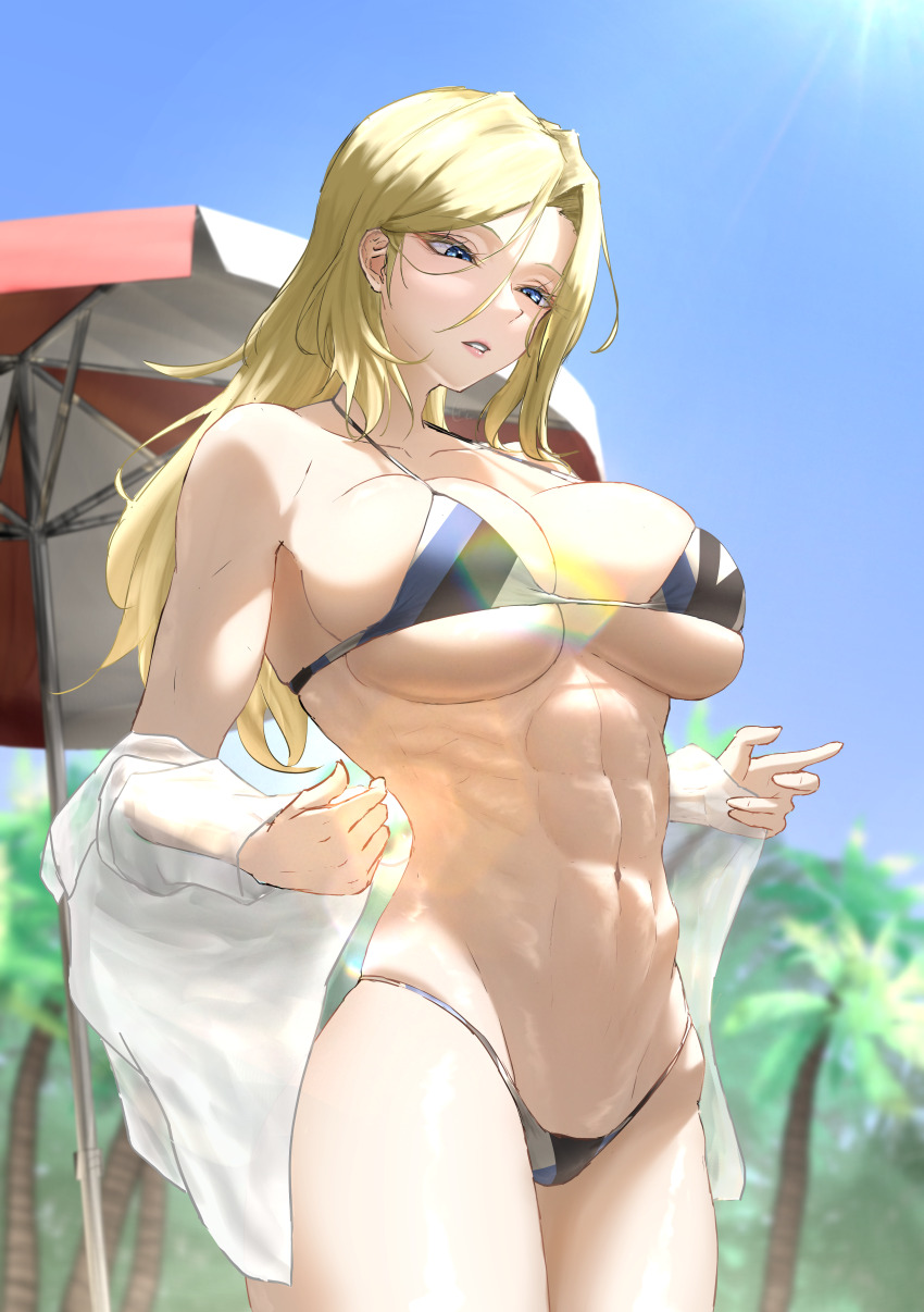 1girl, abs, absurdres, beach_umbrella, bikini, black_bikini, blonde_hair, blue_bikini, blue_eyes, blue_sky, breasts, day, highres, hornet_(kancolle), kantai_collection, large_breasts, long_hair, multicolored_bikini, muscular, muscular_female, navel, outdoors, palm_tree, shushan, sky, solo, standing, swimsuit, tree, umbrella, white_bikini