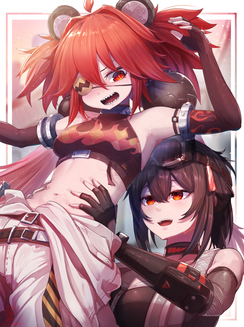 2girls, absurdres, armpits, bare_shoulders, black_gloves, black_hair, black_shirt, blush