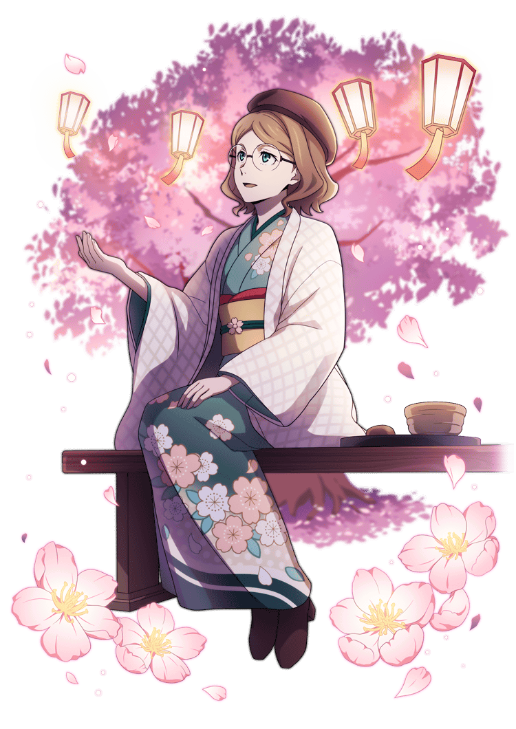 1girl, ambition, aqua_eyes, artist_request, beret, bowl, brown_hair, brown_hat, brown_shoes, bungou_stray_dogs, cherry_blossoms, falling_petals, floral_print, floral_print_kimono, flower, full_body, glasses, hand_on_lap, hand_up, hat, japanese_clothes, kimono, lantern, long_sleeves, louisa_may_alcott_(bungou_stray_dogs), obi, official_art, open_mouth, petals, pink_flower, print_kimono, round_eyewear, sash, shoes, short_hair, sitting, smile, solo, third-party_source, transparent_background, tree
