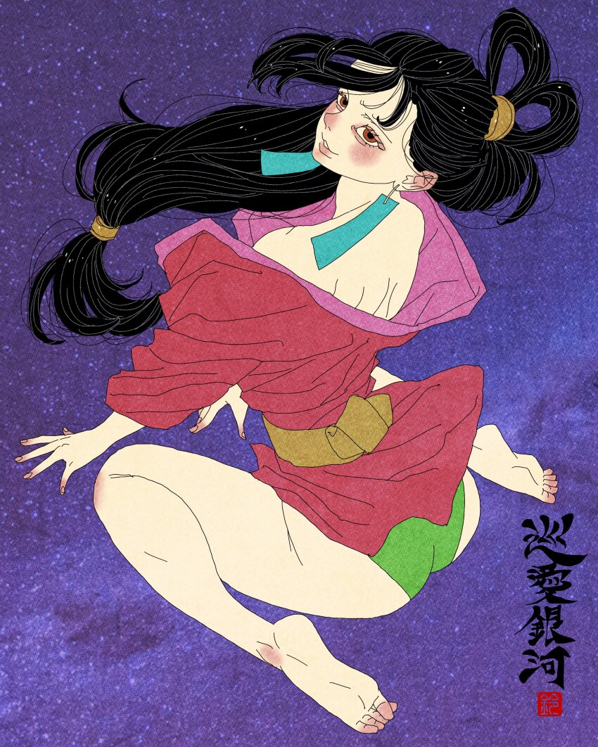 1girl, absurdres, back, barefoot, black_hair, blush, brown_eyes, commentary