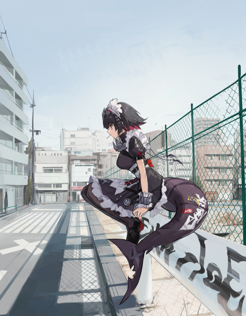 1girl, absurdres, black_dress, black_footwear, black_hair, black_pantyhose, city, collar