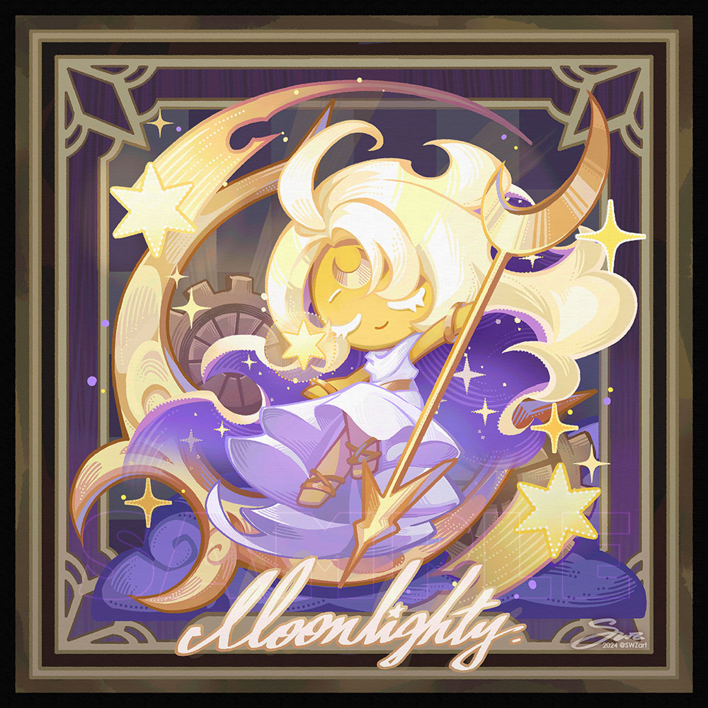 1girl, ahoge, anklet, arm_at_side, bare_arms, bare_shoulders, barefoot, belt, blonde_hair, border, bracelet, character_name, closed_eyes, closed_mouth, colored_inner_hair, commentary, commentary_request, cookie_run, cookie_run:_kingdom, crescent, dress, english_commentary, english_text, full_body, gold_anklet, gold_belt, gold_bracelet, hand_up, holding, holding_staff, jewelry, kanmai_x_sou, knee_up, mixed-language_commentary, moonlight_cookie, moonlight_cookie_(crescent_guardian), multicolored_hair, official_alternate_costume, official_alternate_hair_color, parted_bangs, purple_hair, shooting_star, sleeveless, sleeveless_dress, sleeveless_turtleneck, sleeveless_turtleneck_dress, smile, solo, sparkle, staff, star_(symbol), turtleneck, turtleneck_dress, white_dress