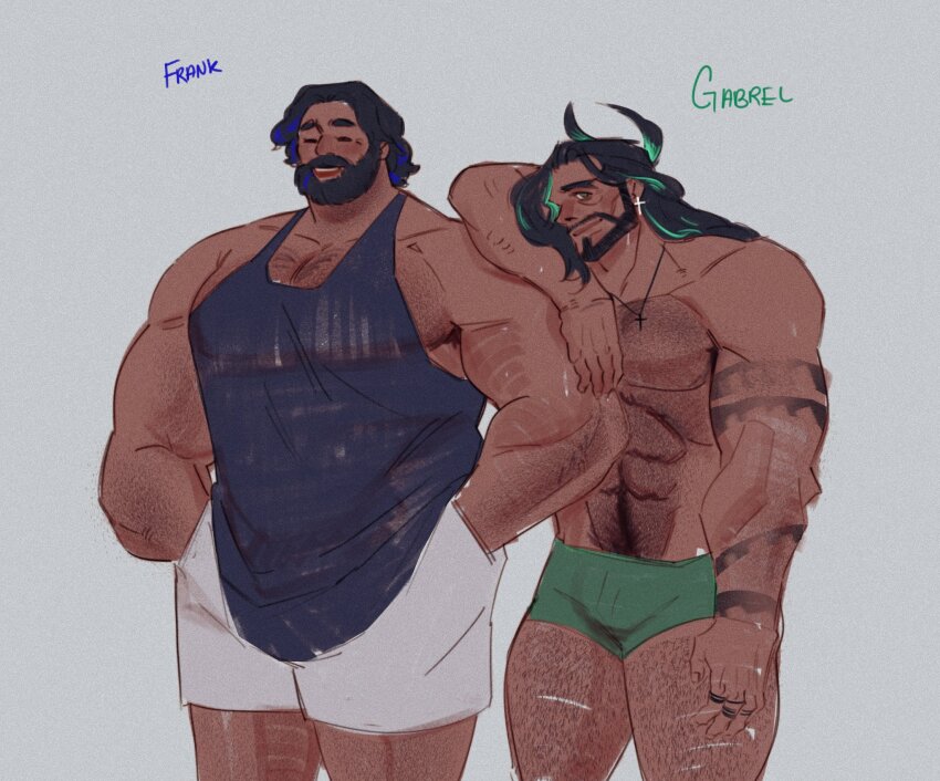 2boys, abs, baggy_clothes, bara, beard, boxer_briefs, bulge, closed_eyes, connected_beard, couple, cross, cross_earrings, dark-skinned_male, dark_skin, earrings, facial_hair, feet_out_of_frame, frank_(skitsoepic), full_beard, gab_(skitsoepic), green_male_underwear, hairy, highres, huge_pectorals, jewelry, large_pectorals, long_hair, looking_at_viewer, male_focus, male_underwear, mature_male, multiple_boys, muscular, muscular_male, mustache_stubble, navel, navel_hair, nipples, original, pectoral_cleavage, pectorals, seductive_smile, short_hair, shorts, sidepec, skitsoepic, smile, standing, stomach, strongman_waist, stubble, thick_beard, thick_chest_hair, thick_eyebrows, topless_male, underwear, very_hairy, yaoi