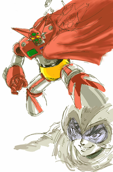 1970s_(style), evil_smile, getter_robo, grin, helmet, male_focus, mecha, nagai_gou, nagare_ryoma, oldschool, retro_artstyle, robot, s-jou, shijou_yukimasa, smile, toei_company, visor