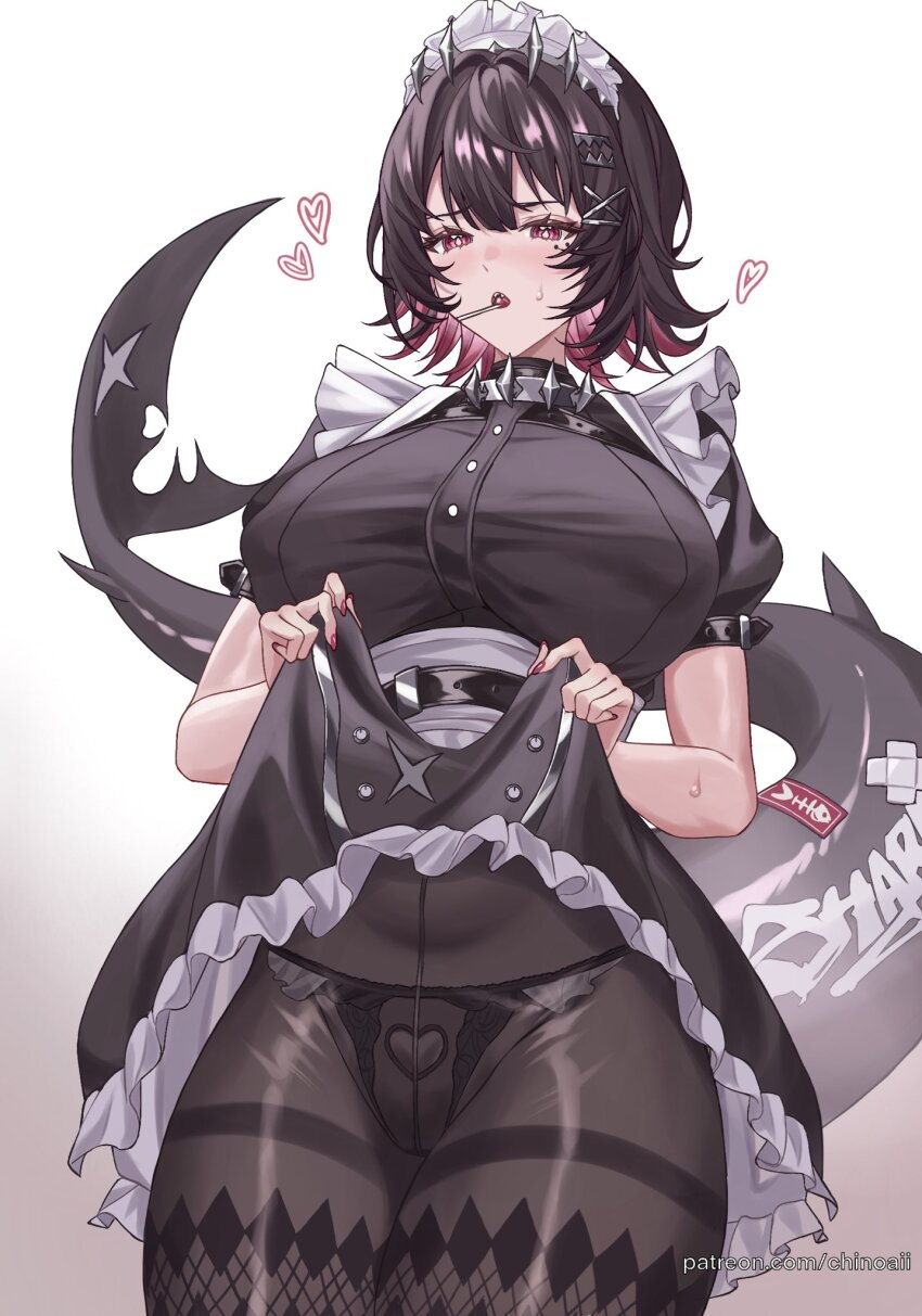 1girl, belt, black_belt, black_dress, black_hair, black_pantyhose, breasts, candy, chinoa, choker, clothes_lift, cowboy_shot, dress, ellen_joe, fins, fish_tail, food, food_in_mouth, gradient_background, hairband, heart, highres, huge_breasts, lace, lace_panties, lollipop, maid, metal_hairband, mole, mole_under_eye, nail_polish, panties, pantyhose, patreon_username, puffy_short_sleeves, puffy_sleeves, red_eyes, scar, scar_on_tail, shark_girl, shark_tail, short_hair, short_sleeves, skirt, skirt_lift, solo, spiked_choker, spiked_headband, spikes, sweatdrop, tail, underwear, white_background, zenless_zone_zero