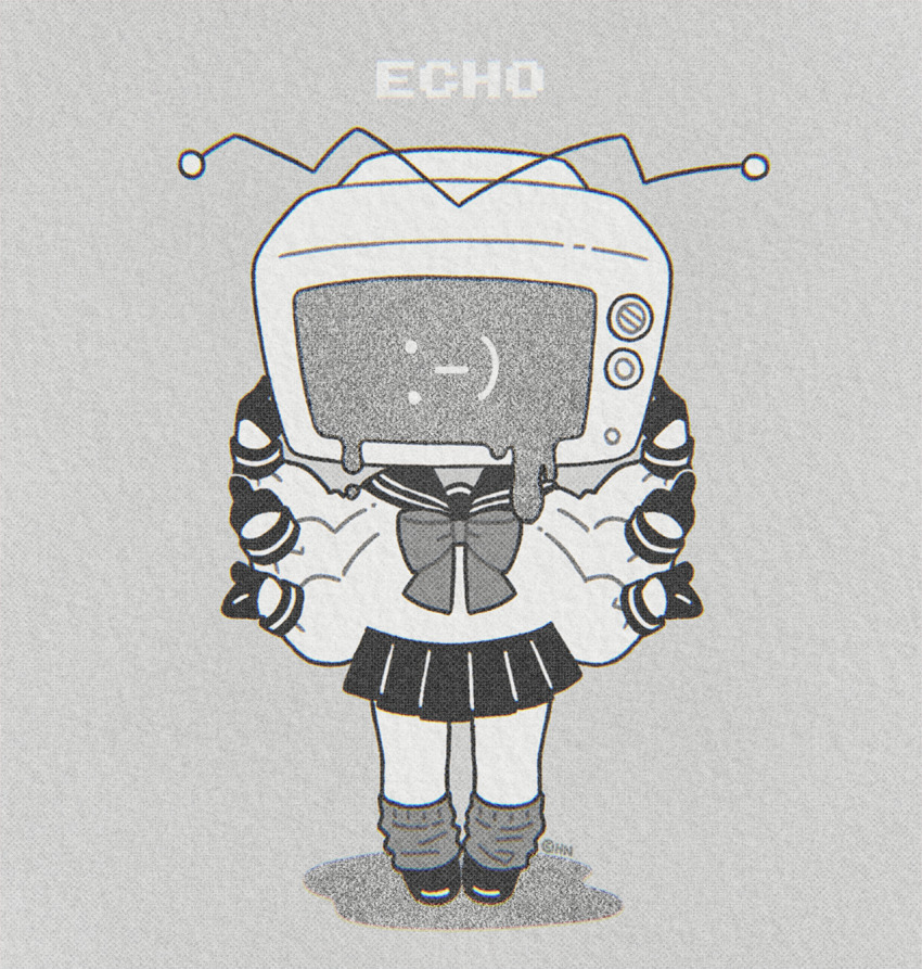 1girl, bow, commentary, echo_(vocaloid), extra_arms, film_grain, gloves, greyscale, half_gloves, hands_up, highres, hn_(artist), long_sleeves, loose_socks, middle_finger, miniskirt, monochrome, object_head, pleated_skirt, primadonna_(echo), sailor_collar, school_uniform, shirt_bow, skirt, socks, solo, standing, straight-on, untranslatable_commentary, television, vocaloid