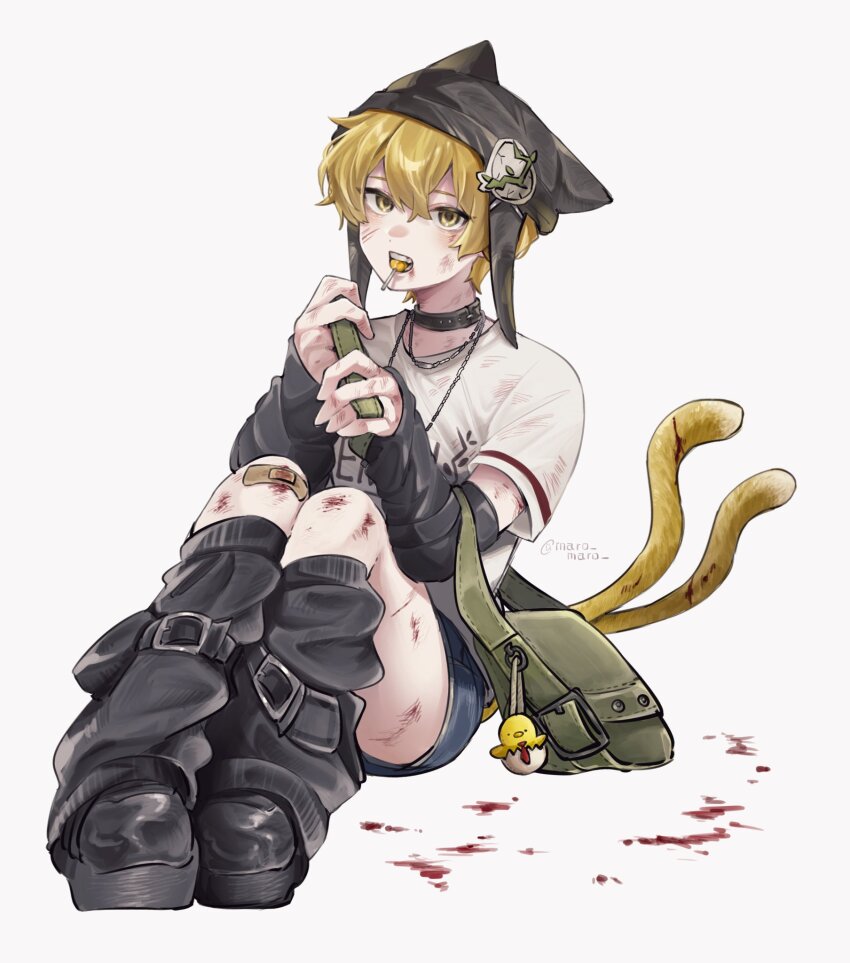 1boy, animal_ears, bag, bandaid, bandaid_on_knee, bandaid_on_leg, black_choker, blonde_hair