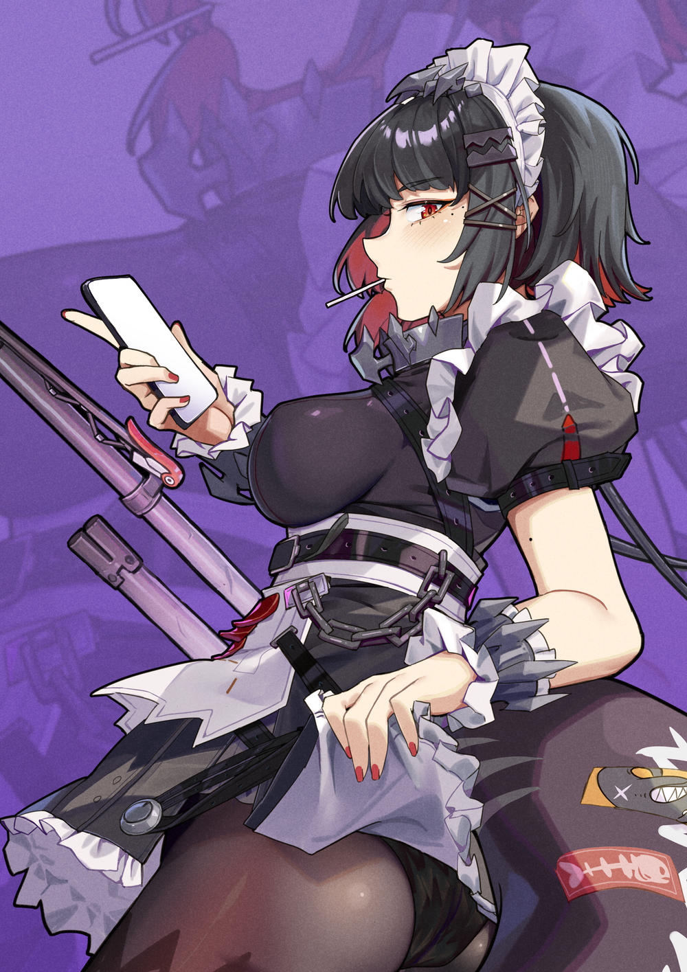 1girl, ass, black_dress, black_hair, black_panties, breasts, candy, cellphone