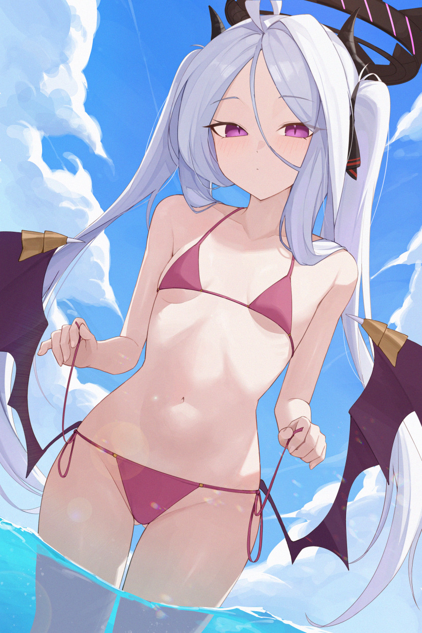 1girl, absurdres, ahoge, alternate_costume, alternate_hairstyle, bikini, black_halo, black_horns