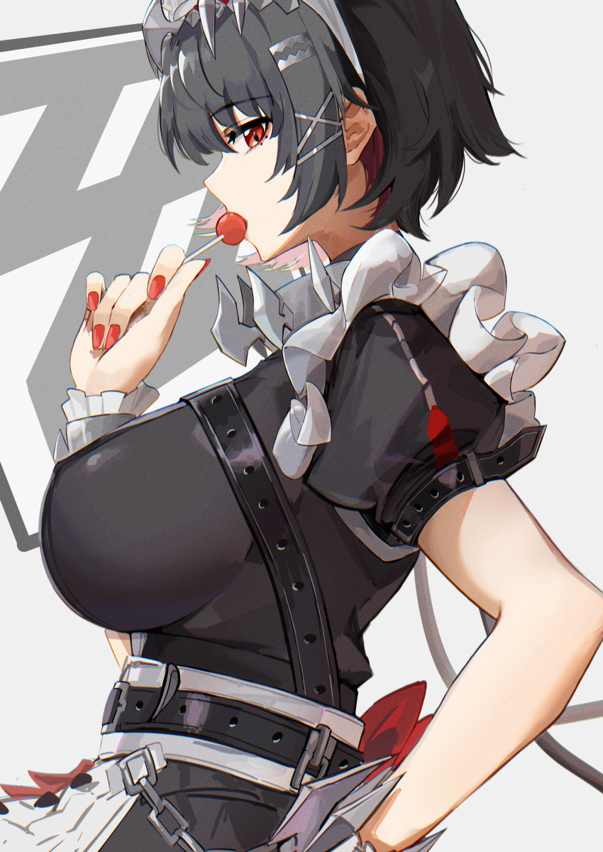 1girl, absurdres, black_dress, black_hair, breasts, candy, colored_inner_hair, covered_erect_nipples, dress, ellen_joe, food, food_in_mouth, frilled_wristband, from_side, hairband, hand_on_own_hip, highres, hrk_(dxez4457), impossible_clothes, impossible_dress, large_breasts, lollipop, looking_at_viewer, maid, maid_headdress, metal_hairband, mole, mole_under_eye, multicolored_hair, nail_polish, profile, puffy_short_sleeves, puffy_sleeves, red_eyes, red_nails, shark_girl, short_hair, short_sleeves, sideways_glance, simple_background, solo, spiked_headband, upper_body, zenless_zone_zero