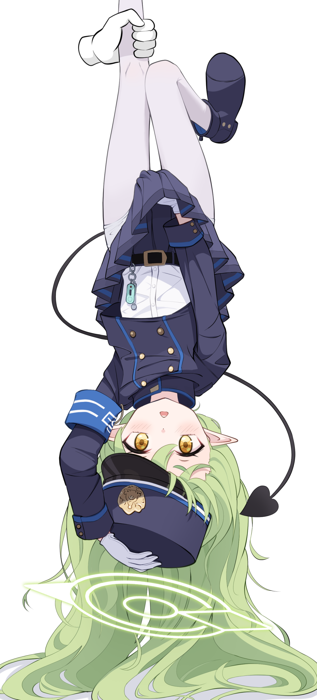 1girl, armband, belt, between_legs, black_belt, black_hat, black_jacket, black_skirt