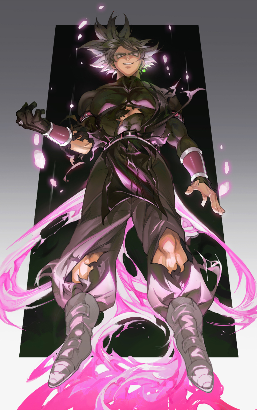 1boy, absurdres, black_gloves, black_hair, black_pants, boots, border, bracer