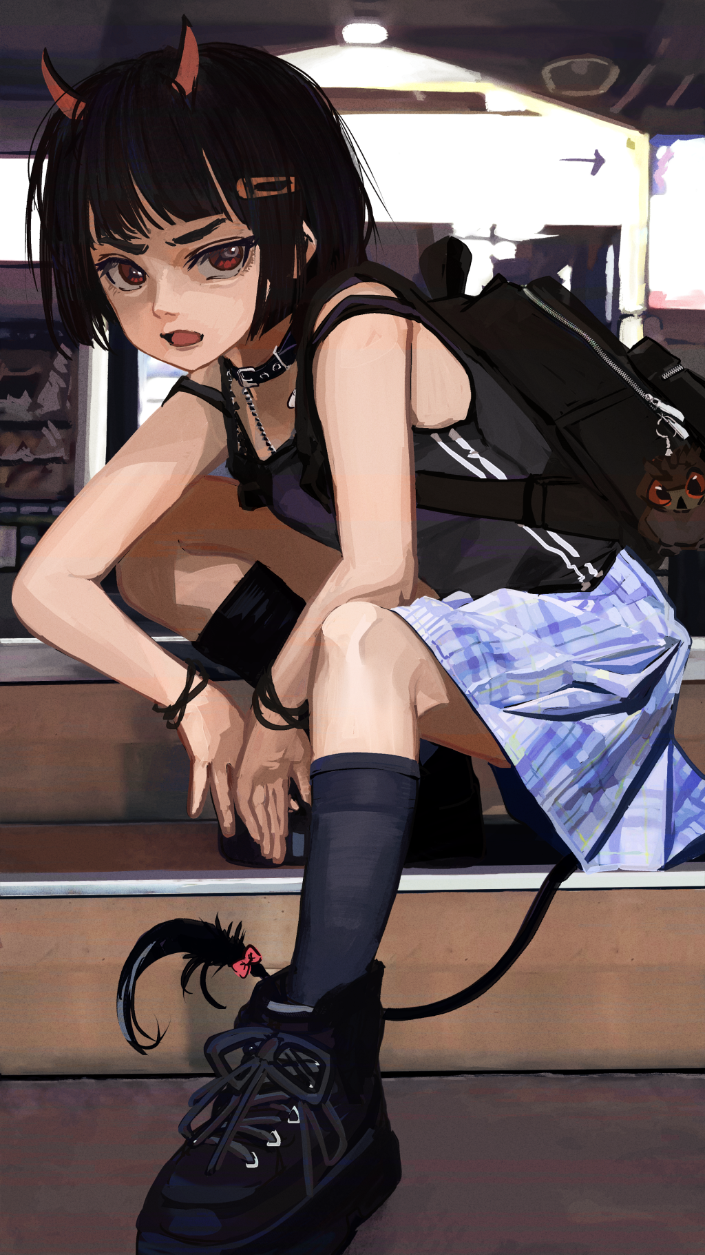 1girl, angry, arrow_(symbol), backpack, bag, bag_charm, bare_shoulders, between_legs