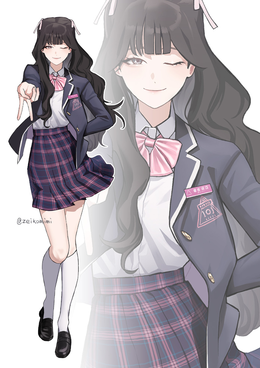 1girl, animification, black_hair, black_jacket, black_shoes, blazer, bow, character_name