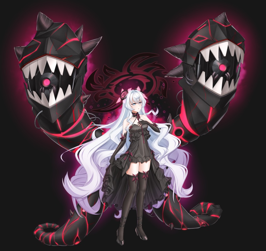 1girl, absurdres, bare_shoulders, black_background, black_dress, black_gloves, black_shoes, black_thighhighs