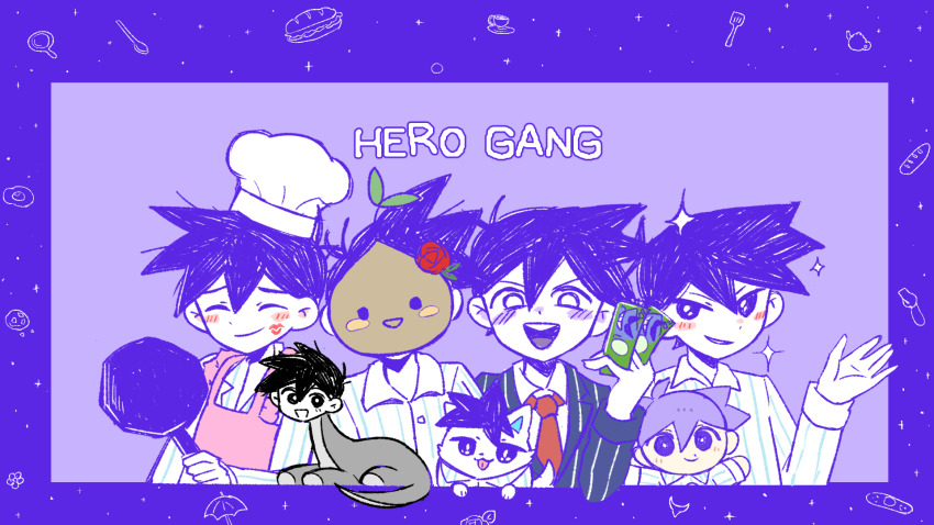 4boys, antenna_hair, apron, bossman_hero, chef_hat, collared_shirt, colored_skin, dinosaur