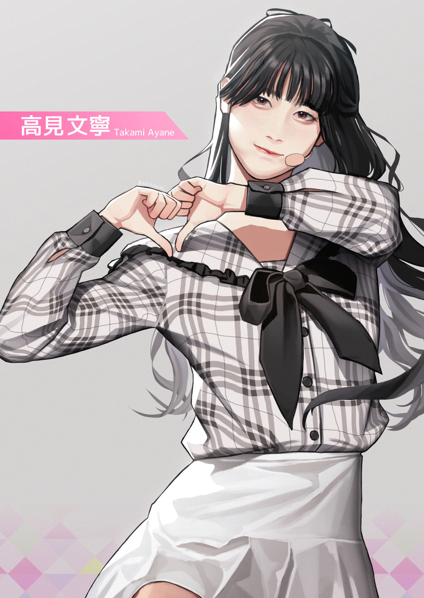 1girl, black_bow, black_eyes, black_hair, bow, character_name, earpiece, grey_background