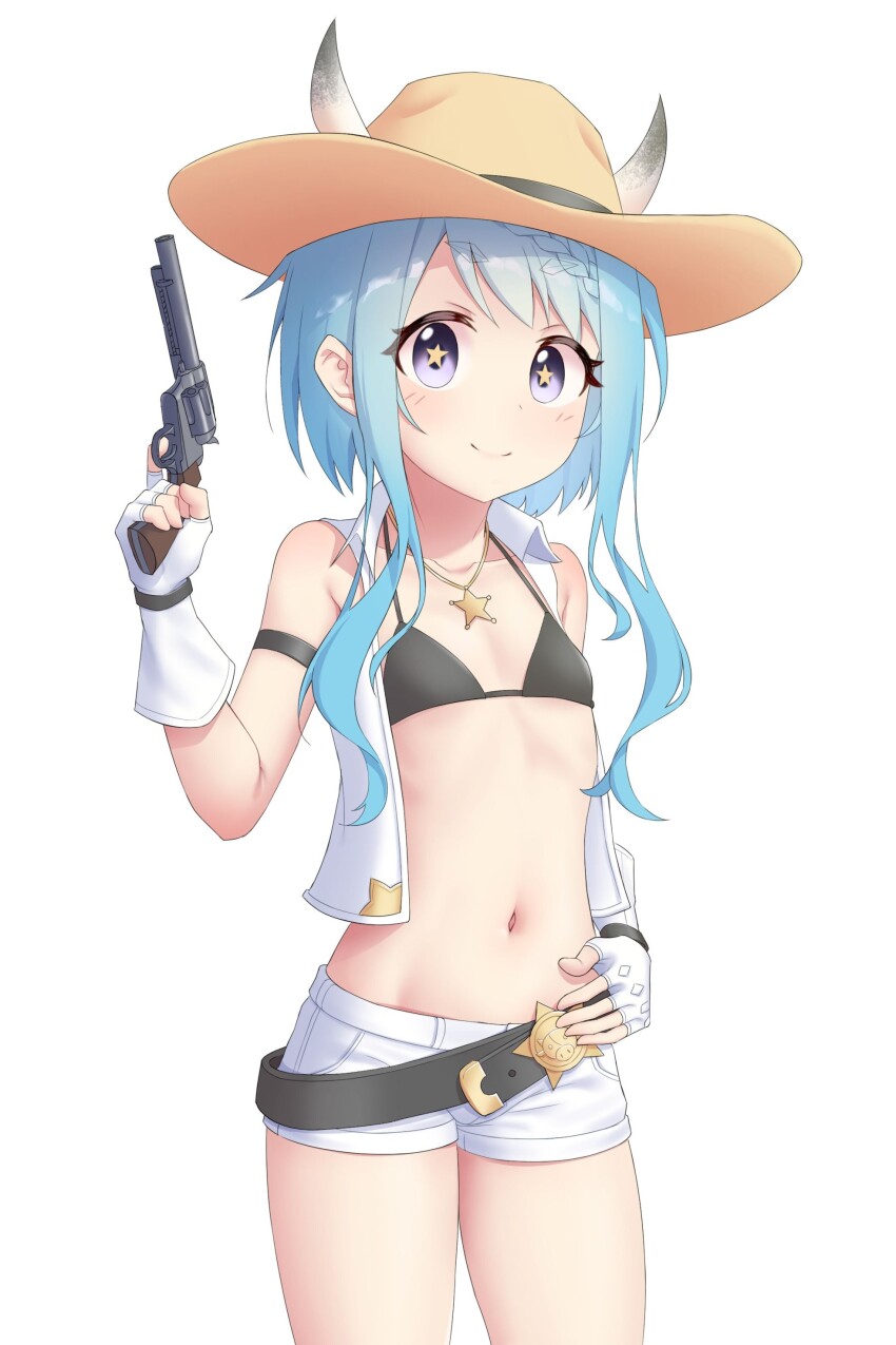 1girl, absurdres, bikini, blue_hair, cowboy_hat, flat_chest, gun, hat