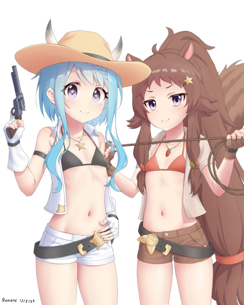 2girls, absurdres, animal_ears, bikini, blue_hair, cowboy_hat, flat_chest, gun
