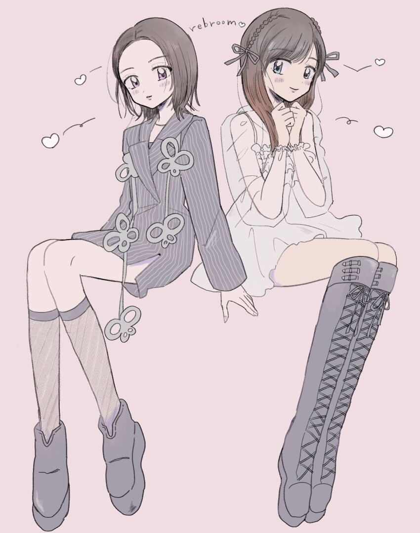 2girls, animification, black_footwear, black_jacket, black_socks, blush, boots, clenched_hands