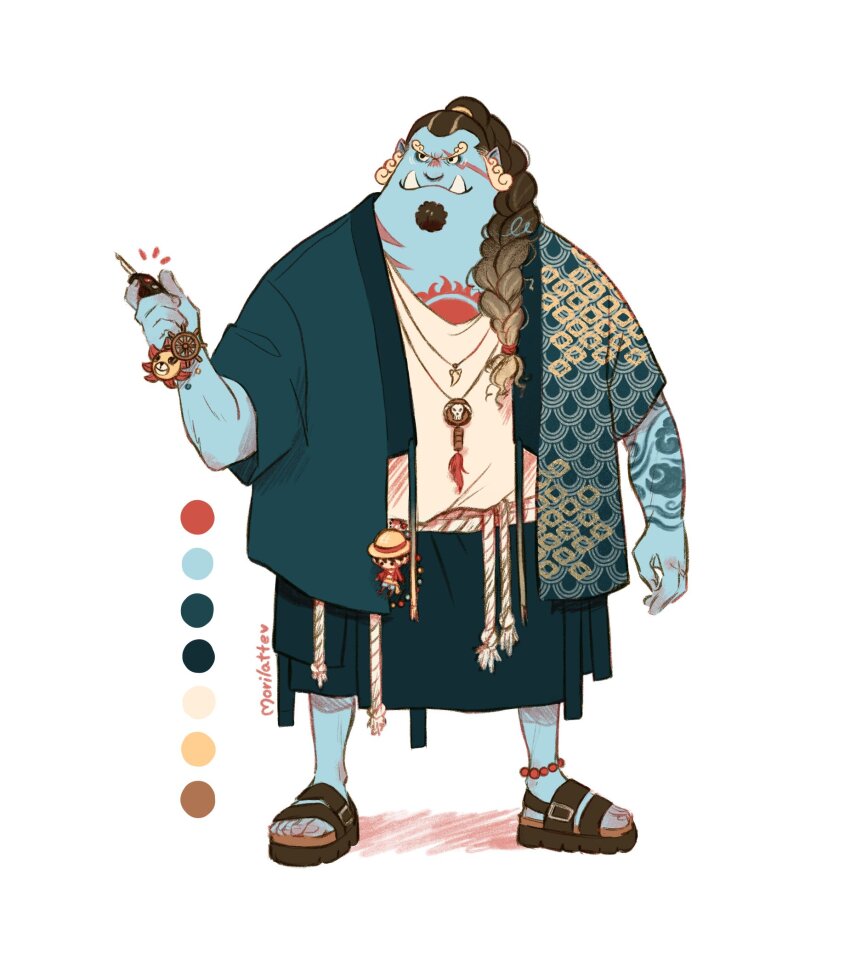 1boy, alternate_costume, anklet, arm_tattoo, arm_up, artist_name, bead_anklet, beads