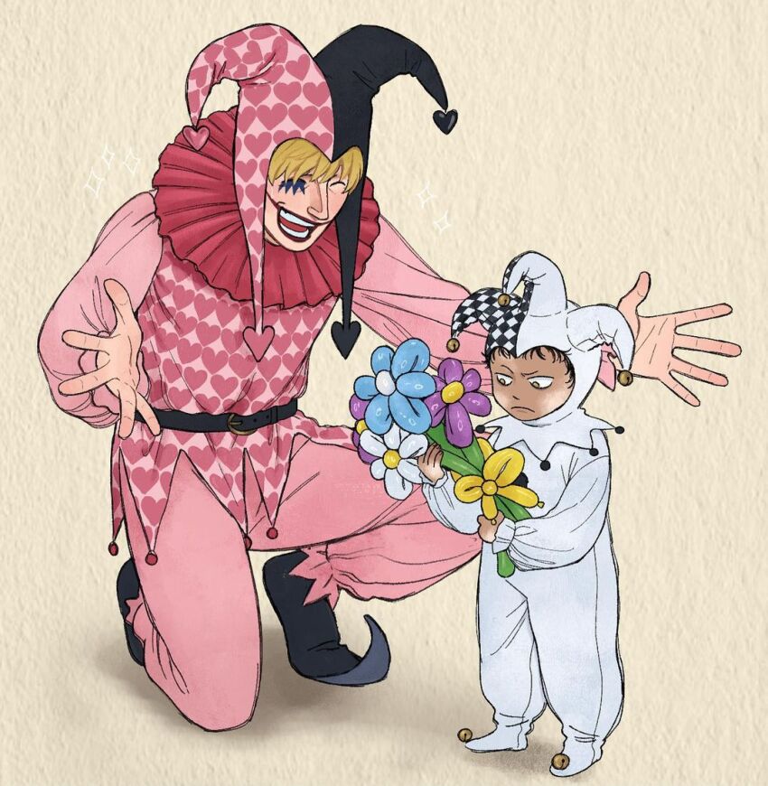 2boys, aged_down, ascot, bell, black_hair, blonde_hair, bodysuit, bouquet