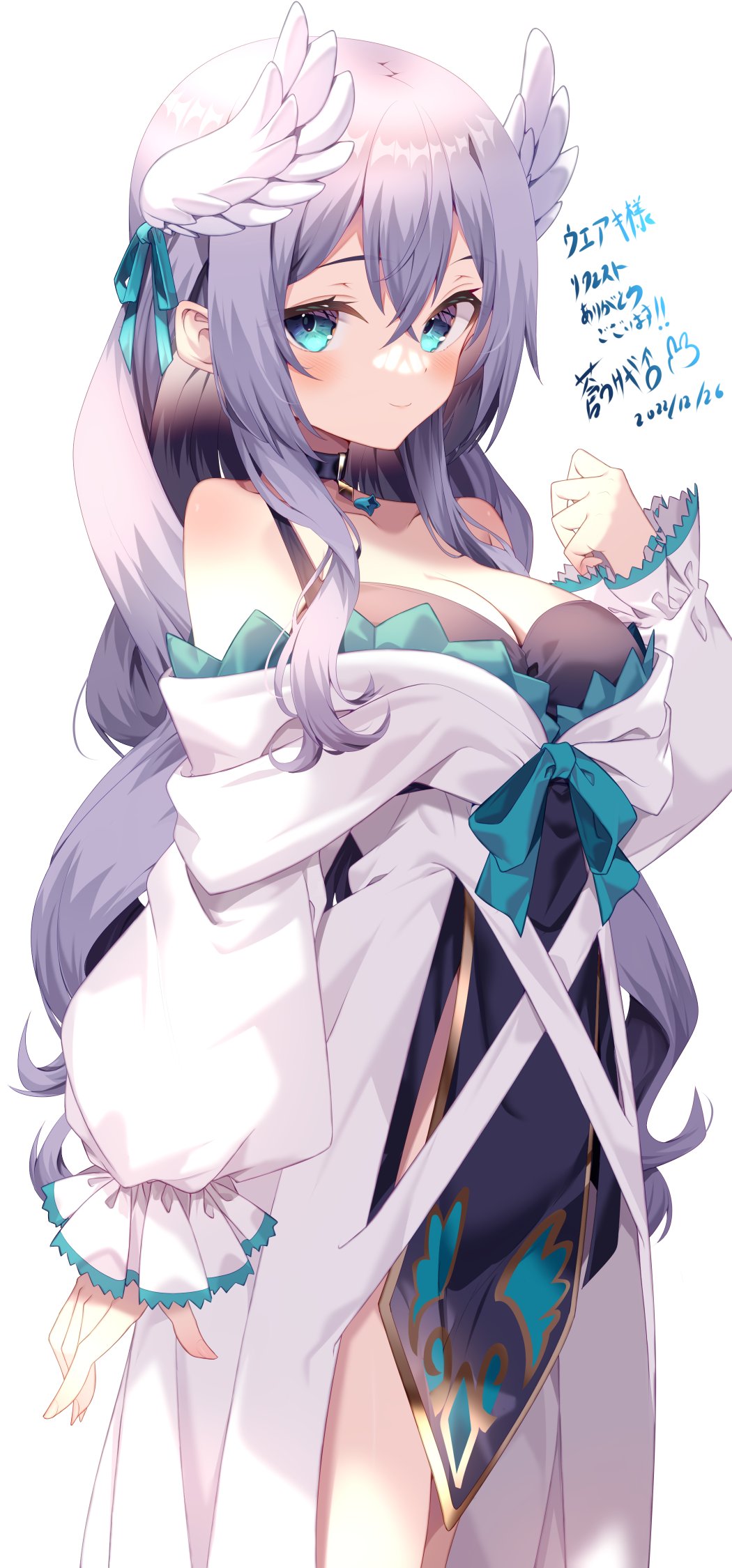 1girl, amau_meiko, aqua_ribbon, bare_shoulders, black_choker, blue_eyes, blush, breasts