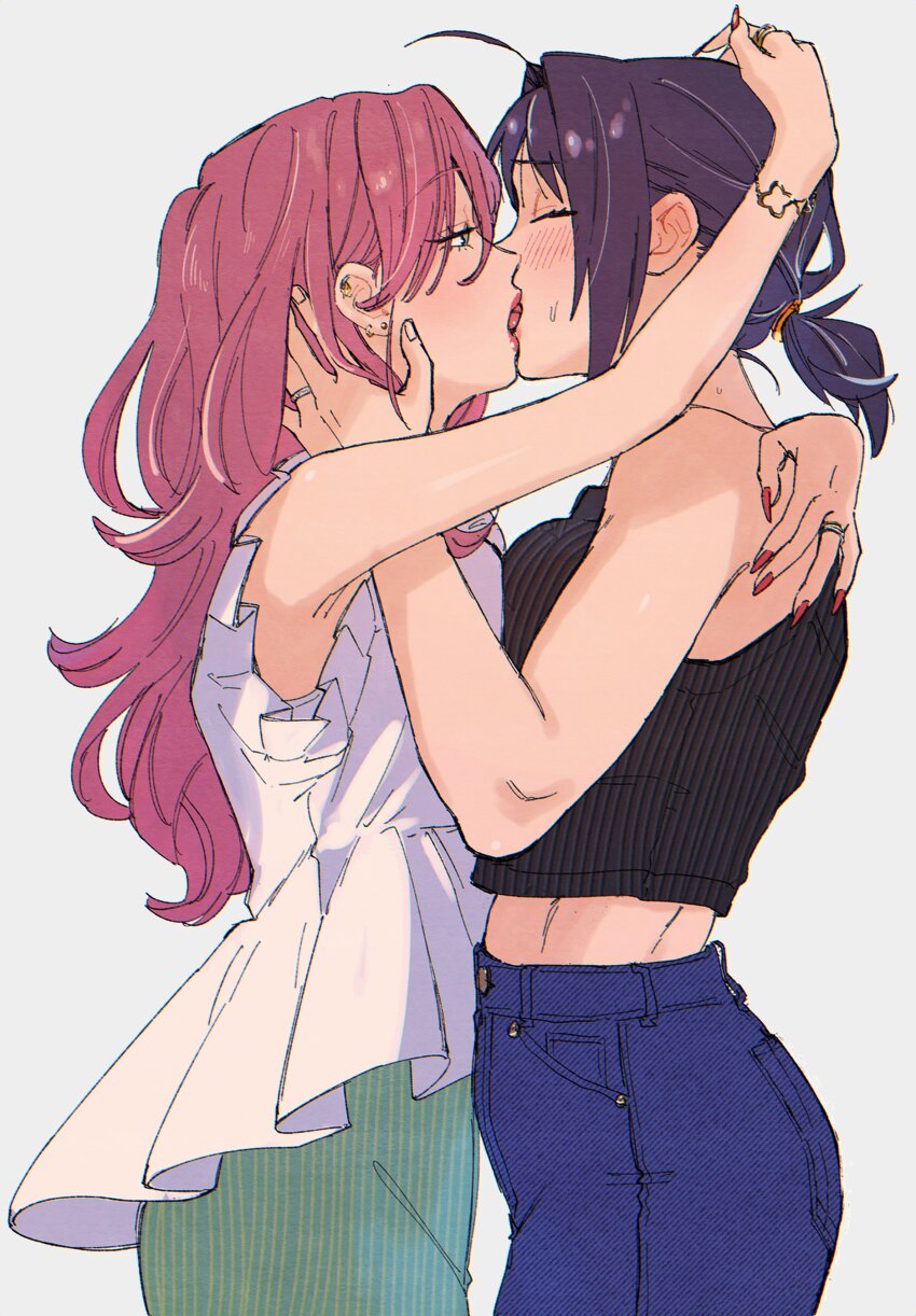 2girls, absurdres, black_hair, blush, breast_press, breasts, closed_eyes, couple, earrings, eyelashes, french_kiss, green_eyes, highres, jewelry, kiss, large_breasts, long_hair, looking_at_another, makeup, mori_chizuru, multiple_girls, nail_polish, open_mouth, osg_pk, pink_hair, police_and_lady, shirt, short_hair, simple_background, tongue, tongue_out, torikai_emma, white_background, yuri