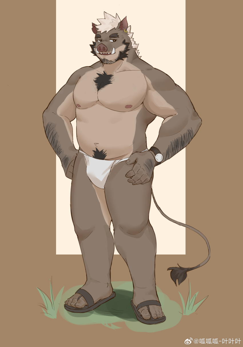 1boy, absurdres, animal_ears, arms_at_sides, bara, beard, boar_boy, boar_ears