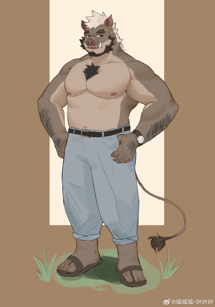 1boy, absurdres, animal_ears, arms_at_sides, bara, beard, boar_boy, boar_ears
