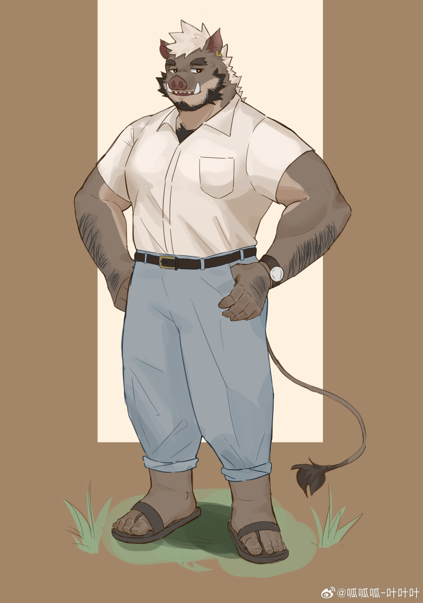 1boy, absurdres, animal_ears, arms_at_sides, bara, beard, boar_boy, boar_ears