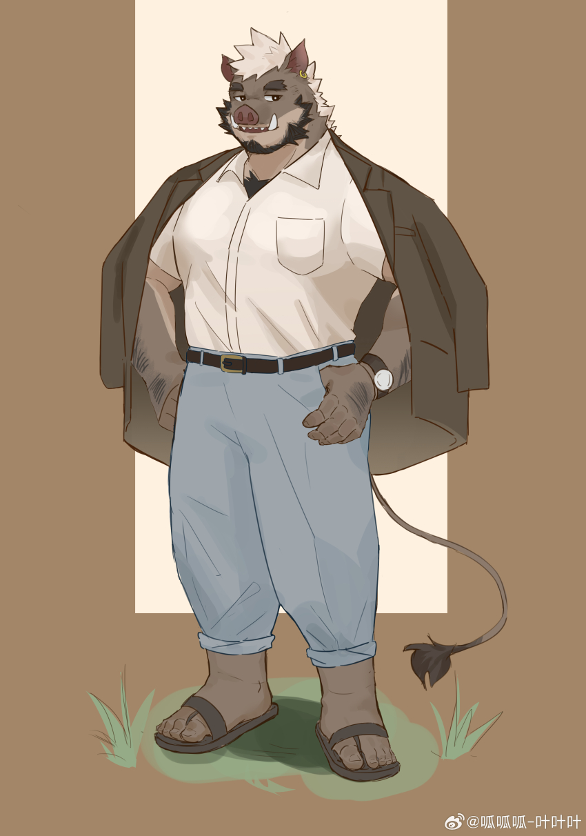 1boy, absurdres, animal_ears, arms_at_sides, bara, beard, boar_boy, boar_ears