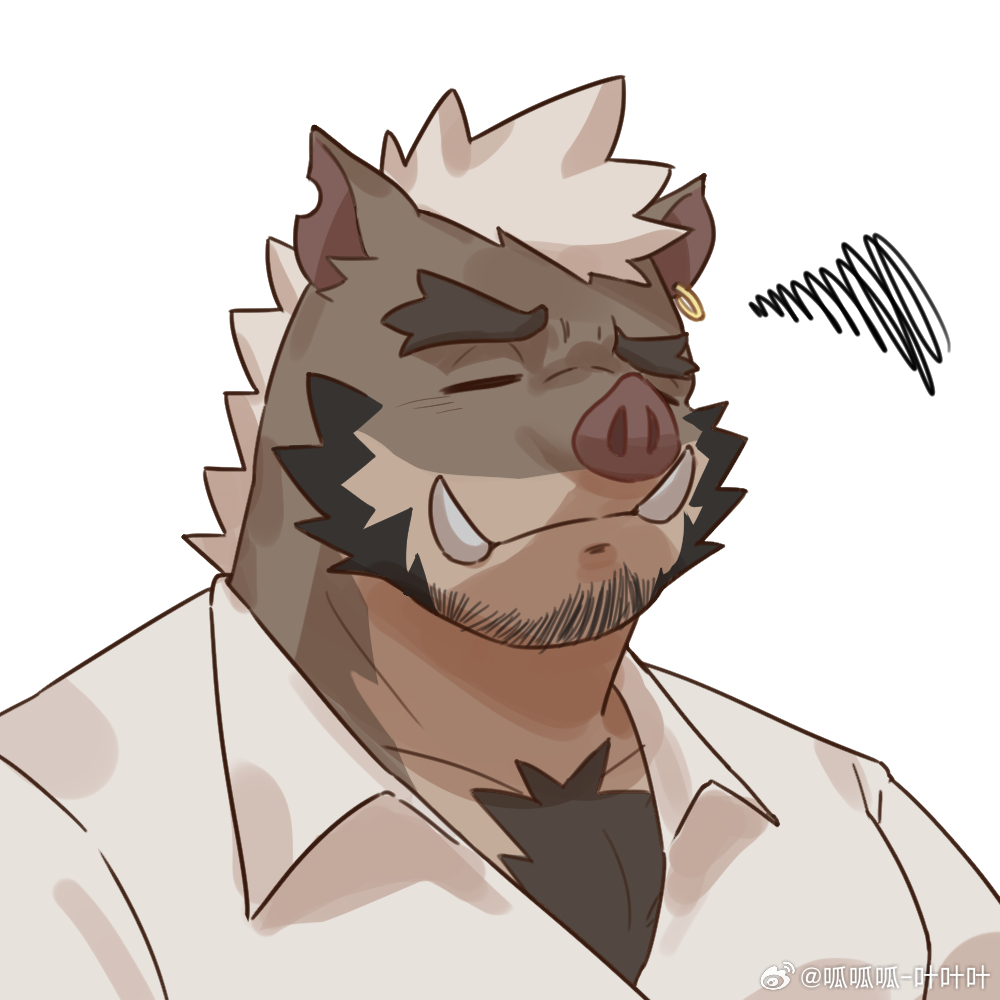 1boy, animal_ears, bara, boar_boy, boar_ears, body_fur, brown_fur, chest_hair_peek