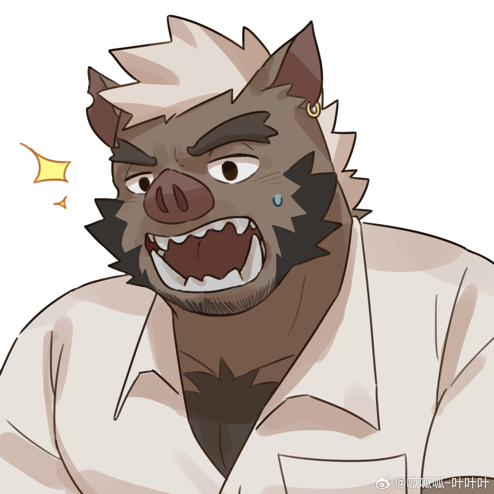 1boy, animal_ears, bara, boar_boy, boar_ears, body_fur, brown_fur, chest_hair_peek, earrings, empty_eyes, facial_hair, forked_eyebrows, goatee, goatee_stubble, jewelry, large_pectorals, light_blush, looking_ahead, male_focus, muscular, muscular_male, mutton_chops, open_mouth, original, pectorals, short_hair, single_earring, solo, sparkle, stubble, thick_eyebrows, tusks, upper_body, ye_xiang_(l3yj2vcknincza7)